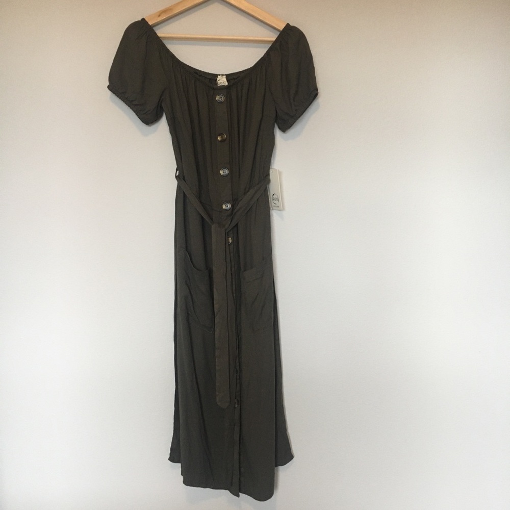 Olive Green Midi Dress off shoulder puff sleveeve